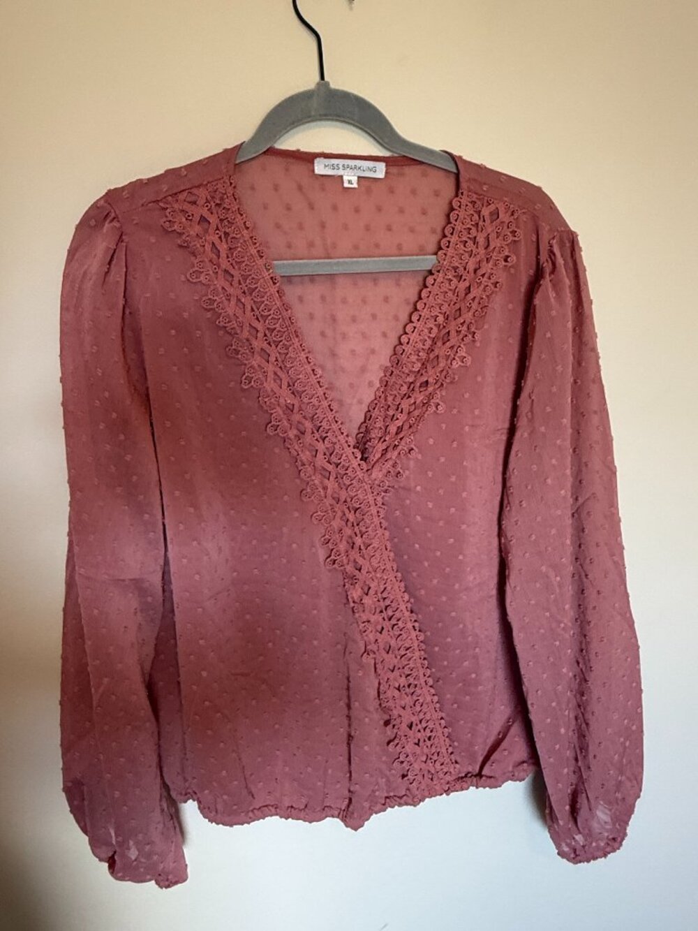 Miss Sparkling Swiss Dot Lace Wrap Blouse Size XL Dusty Rose NWOT